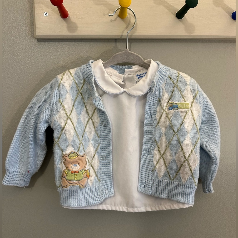 Vintage 90s 6-9 Months Nursery Rhyme Shirt & Knit Cardigan Set